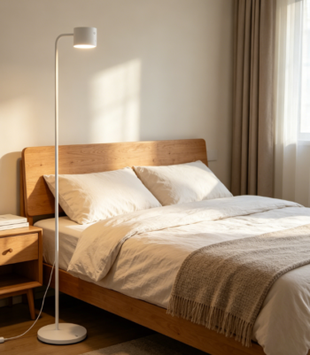 White height-adjustable floor and table lamp with touch switch, USB charging cable and wall-mount accessory